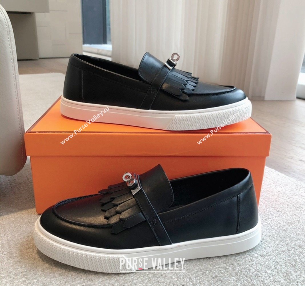 Hermes Game Calfskin Slip-on Sneakers with Kelly Buckle and Fringe Black 2024 0425 (XC-240425101)