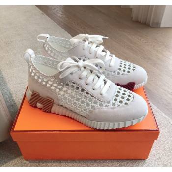 Hermes Bouncing Sneakers in Printed Braided Silk and Suede White 2 2024 (XC-240425106)