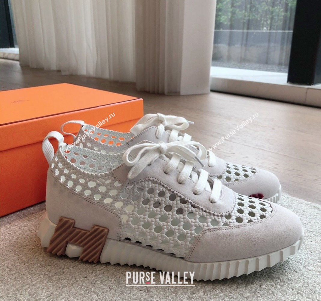 Hermes Bouncing Sneakers in Printed Braided Silk and Suede White 2 2024 (XC-240425106)
