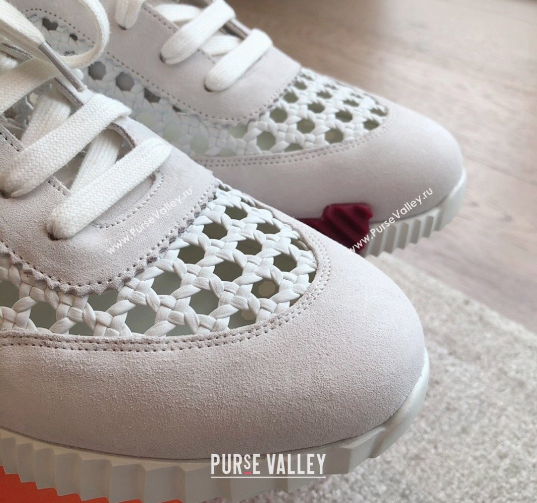 Hermes Bouncing Sneakers in Printed Braided Silk and Suede White 2 2024 (XC-240425106)