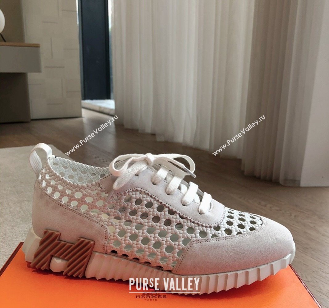 Hermes Bouncing Sneakers in Printed Braided Silk and Suede White 2 2024 (XC-240425106)
