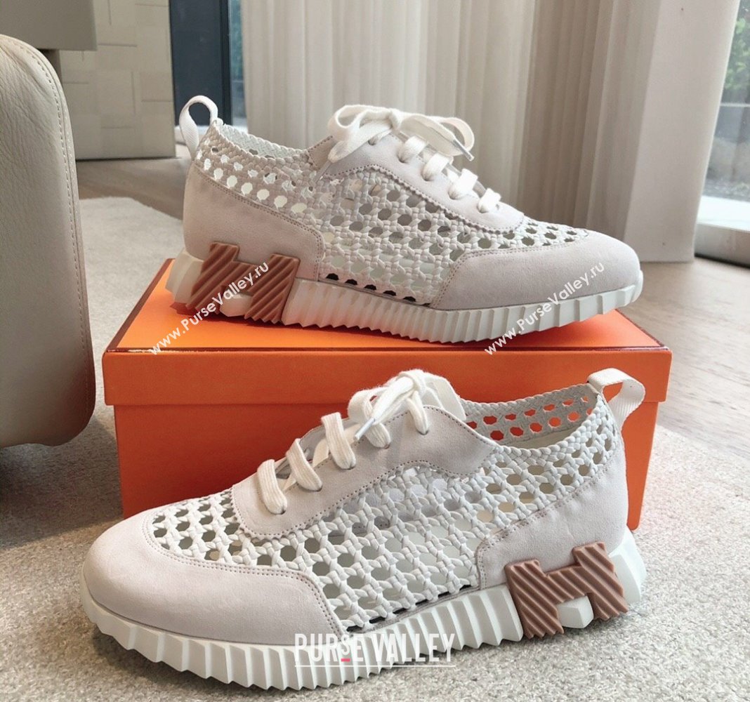 Hermes Bouncing Sneakers in Printed Braided Silk and Suede White 2 2024 (XC-240425106)
