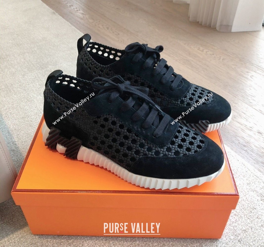 Hermes Bouncing Sneakers in Printed Braided Silk and Suede Black 2024 (XC-240425110)