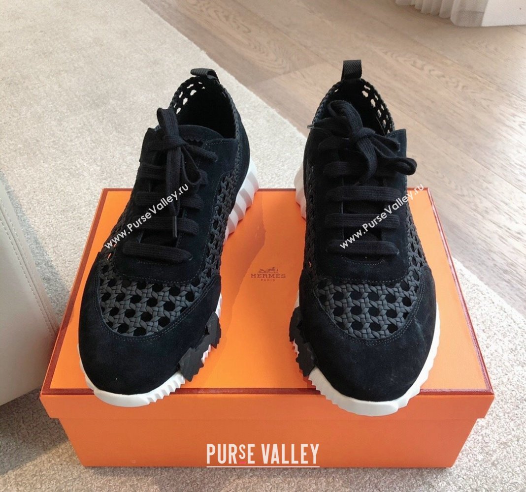Hermes Bouncing Sneakers in Printed Braided Silk and Suede Black 2024 (XC-240425110)