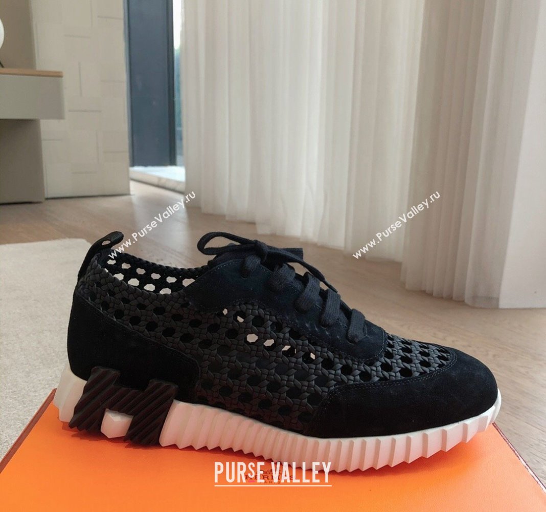 Hermes Bouncing Sneakers in Printed Braided Silk and Suede Black 2024 (XC-240425110)