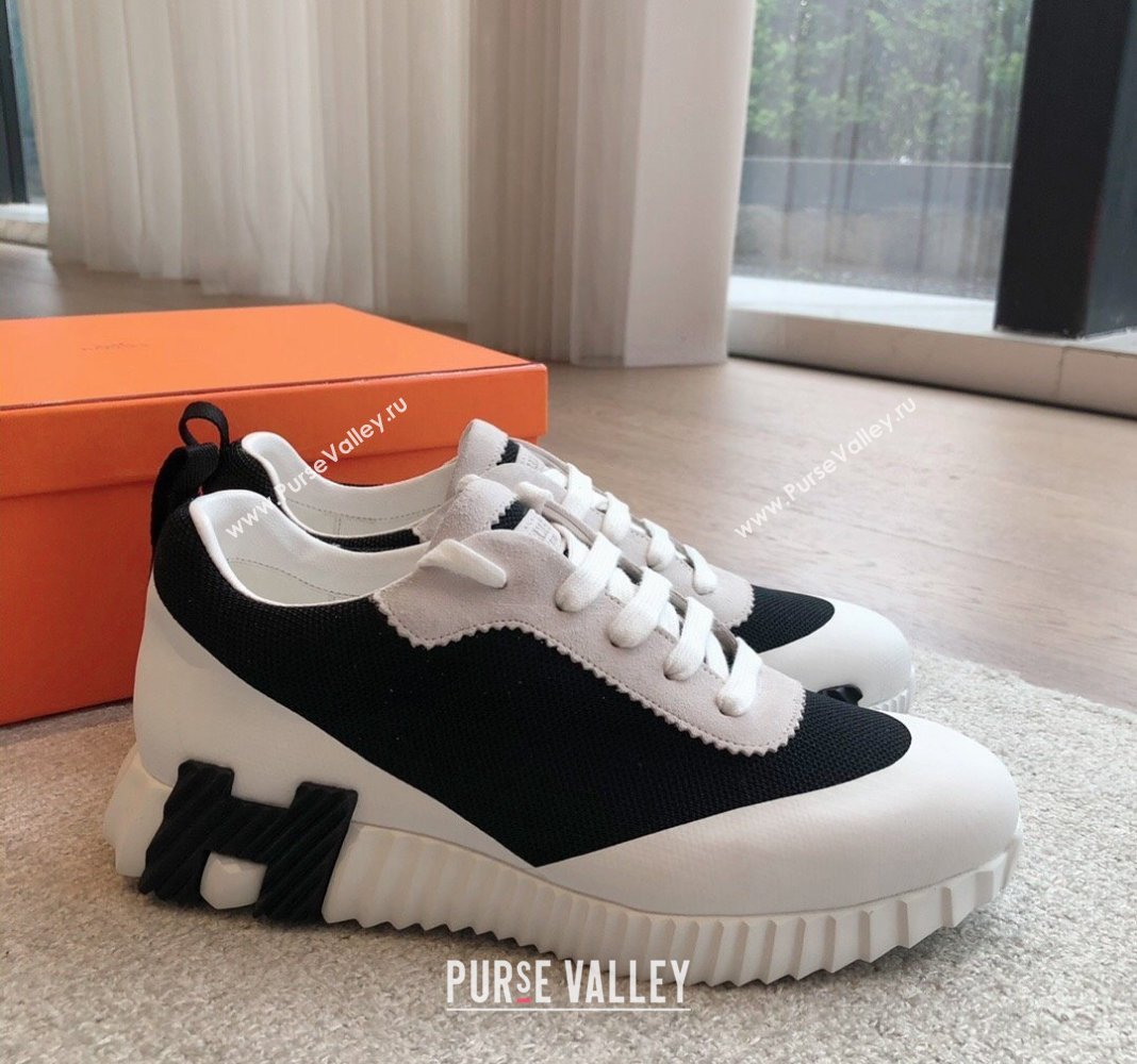 Hermes Bouncing Sneakers in Satin Knit and Suede White/Black 2 2024 (XC-240425119)