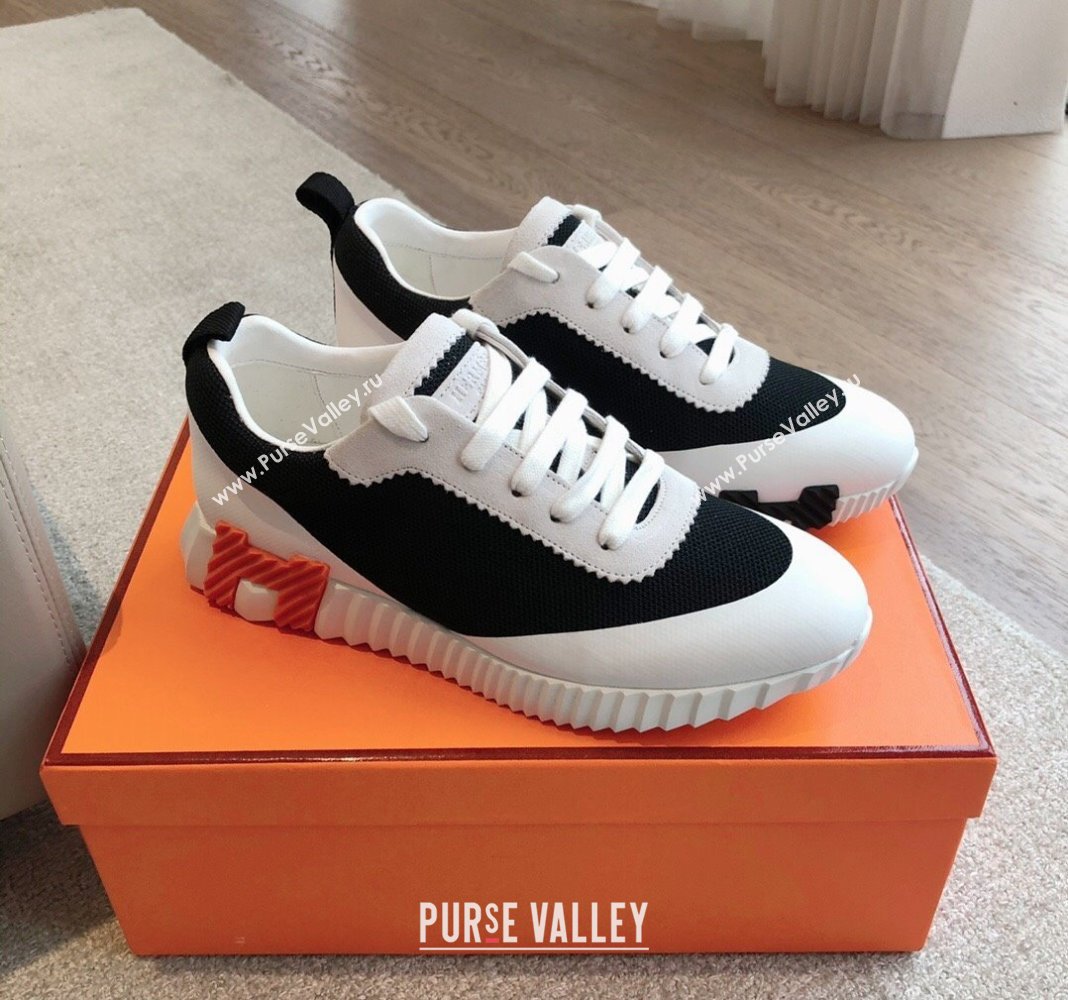 Hermes Bouncing Sneakers in Satin Knit and Suede Black/White/Orange 2024 (XC-240425122)