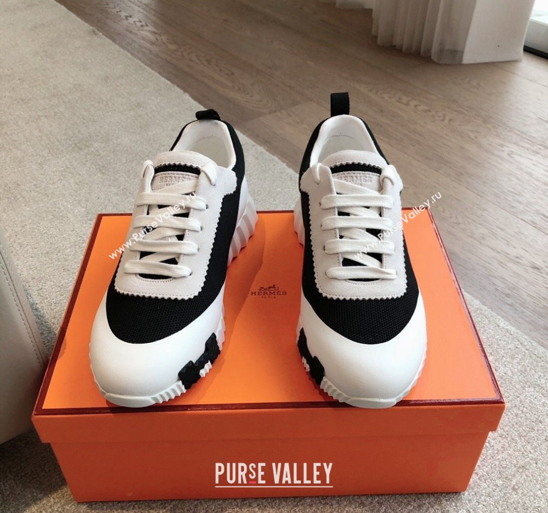 Hermes Bouncing Sneakers in Satin Knit and Suede Black/White/Orange 2024 (XC-240425122)