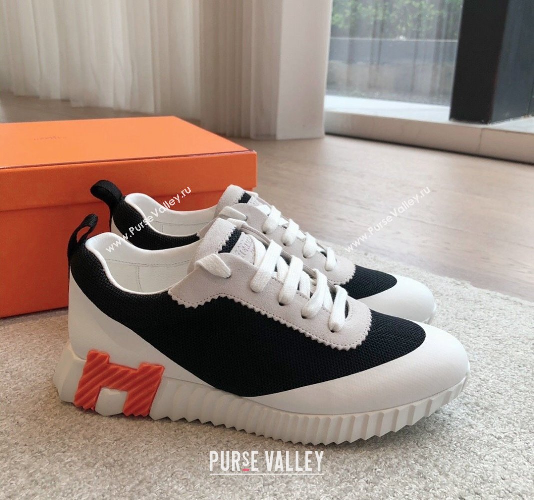 Hermes Bouncing Sneakers in Satin Knit and Suede Black/White/Orange 2024 (XC-240425122)