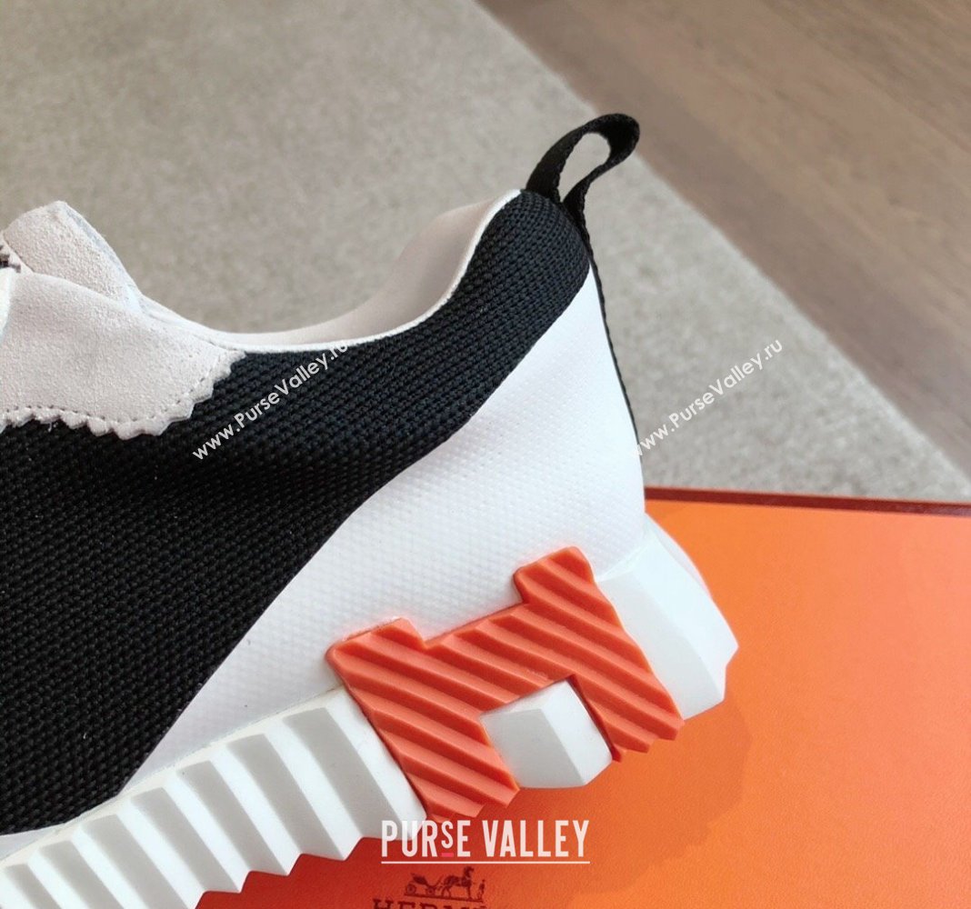 Hermes Bouncing Sneakers in Satin Knit and Suede Black/White/Orange 2024 (XC-240425122)