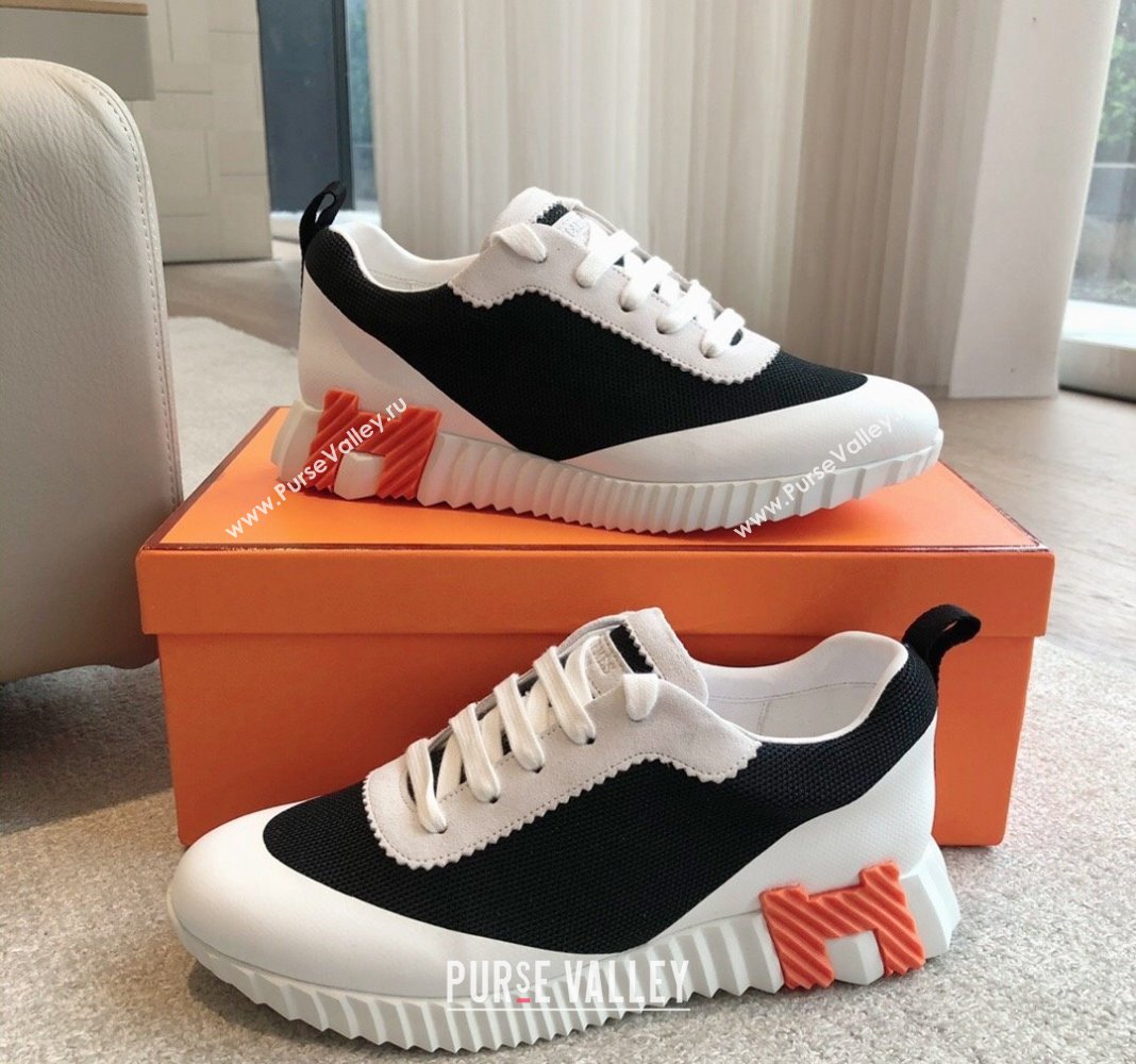 Hermes Bouncing Sneakers in Satin Knit and Suede Black/White/Orange 2024 (XC-240425122)