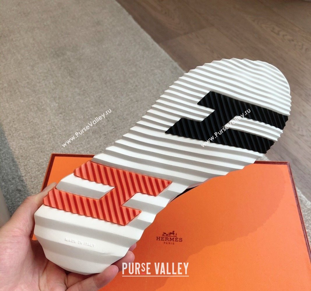 Hermes Bouncing Sneakers in Satin Knit and Suede Black/White/Orange 2024 (XC-240425122)