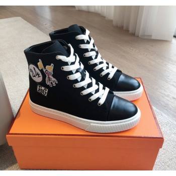 Hermes Illico High-top Sneakers in Canvas and Calfskin with Logo Patches Black 2024 (XC-240425138)