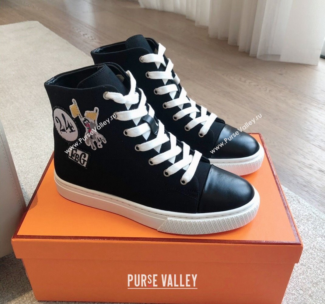 Hermes Illico High-top Sneakers in Canvas and Calfskin with Logo Patches Black 2024 (XC-240425138)