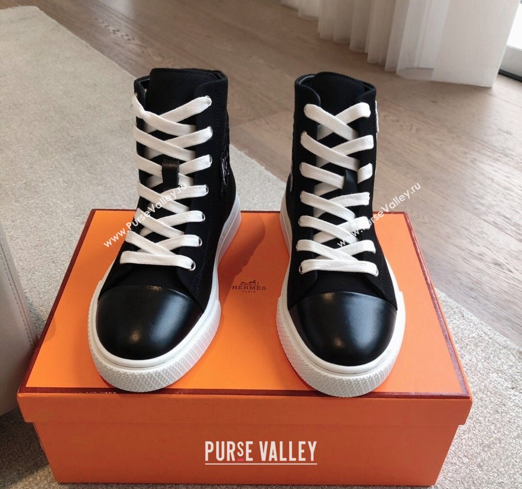 Hermes Illico High-top Sneakers in Canvas and Calfskin with Logo Patches Black 2024 (XC-240425138)