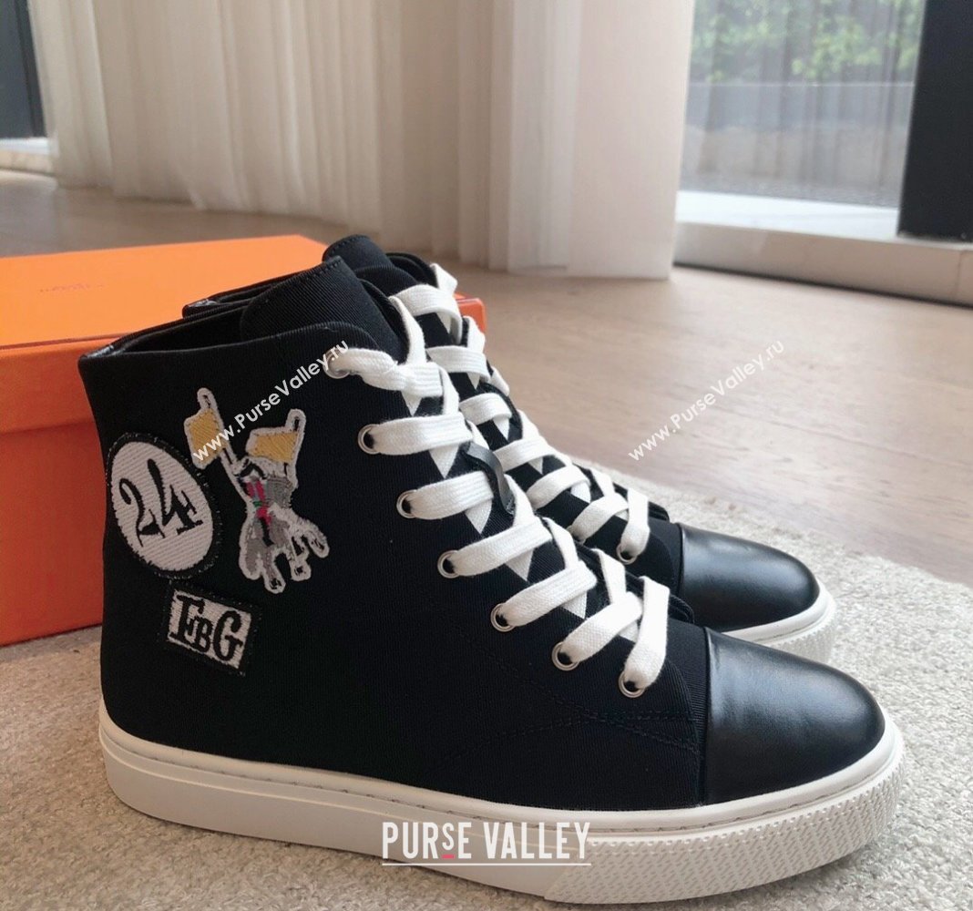 Hermes Illico High-top Sneakers in Canvas and Calfskin with Logo Patches Black 2024 (XC-240425138)