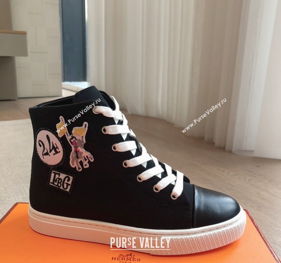 Hermes Illico High-top Sneakers in Canvas and Calfskin with Logo Patches Black 2024 (XC-240425138)