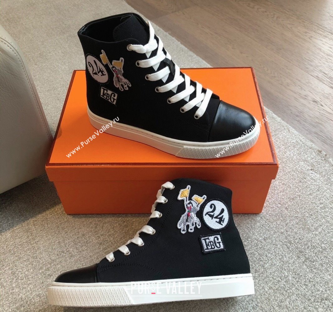 Hermes Illico High-top Sneakers in Canvas and Calfskin with Logo Patches Black 2024 (XC-240425138)