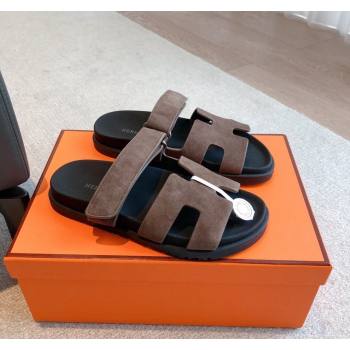 Hermes Chypre Flat Sandals in Suede Grey 2024 042501 (XC-240425148)
