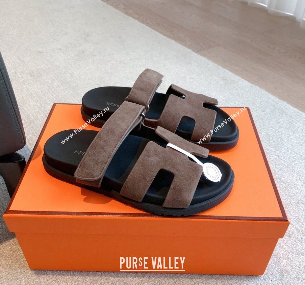 Hermes Chypre Flat Sandals in Suede Grey 2024 042501 (XC-240425148)