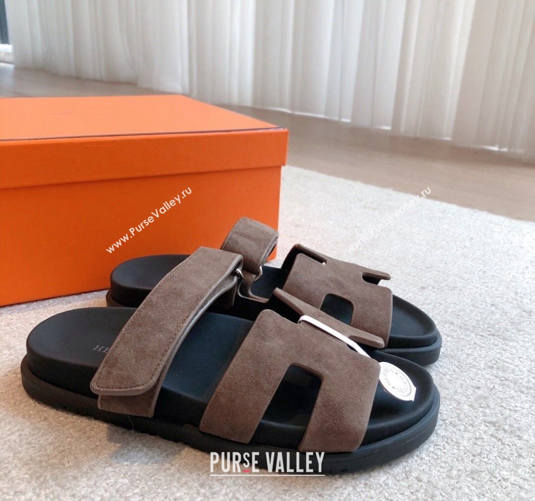 Hermes Chypre Flat Sandals in Suede Grey 2024 042501 (XC-240425148)