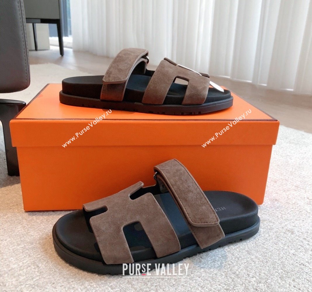 Hermes Chypre Flat Sandals in Suede Grey 2024 042501 (XC-240425148)