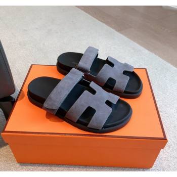 Hermes Chypre Flat Sandals in Suede Grey 2024 042503 (XC-240425150)