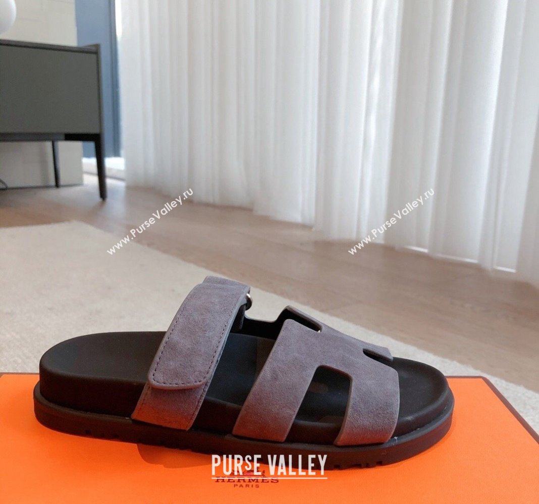 Hermes Chypre Flat Sandals in Suede Grey 2024 042503 (XC-240425150)