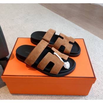 Hermes Chypre Flat Sandals in Suede Brown 2024 042504 (XC-240425151)