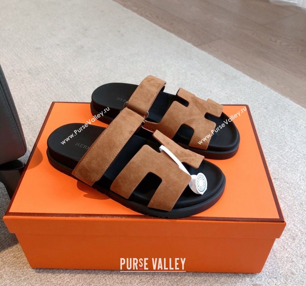 Hermes Chypre Flat Sandals in Suede Brown 2024 042504 (XC-240425151)