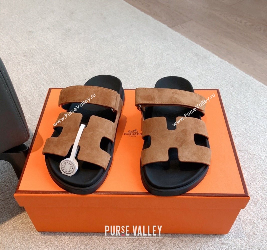 Hermes Chypre Flat Sandals in Suede Brown 2024 042504 (XC-240425151)