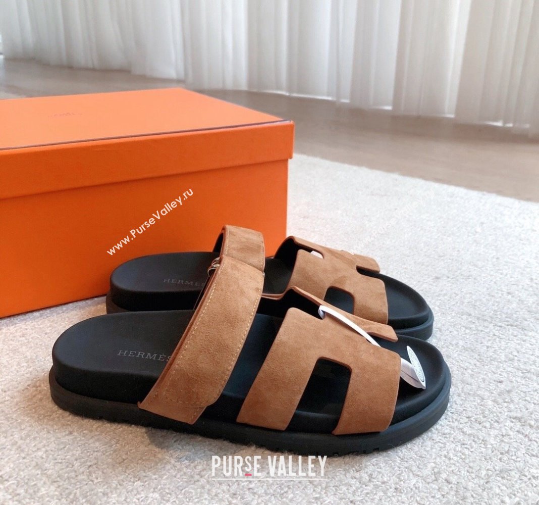 Hermes Chypre Flat Sandals in Suede Brown 2024 042504 (XC-240425151)