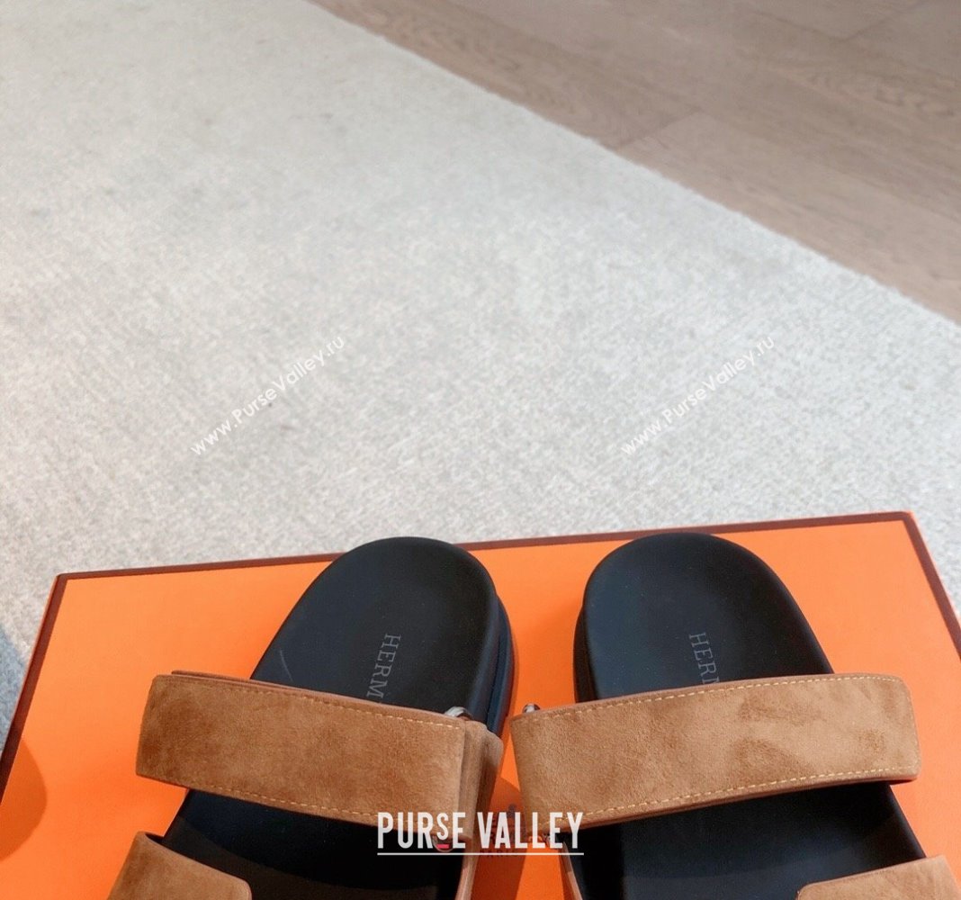Hermes Chypre Flat Sandals in Suede Brown 2024 042504 (XC-240425151)