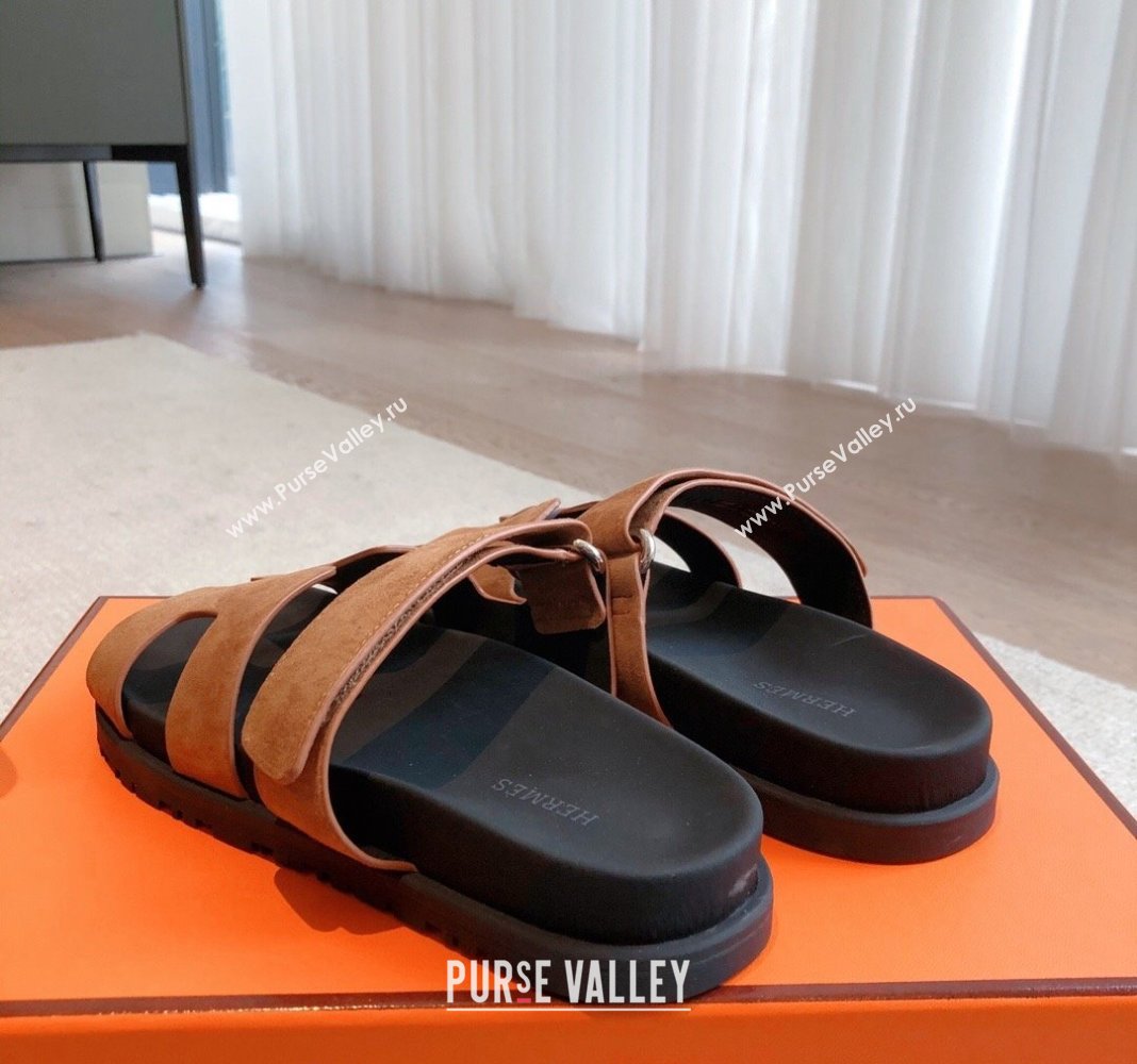 Hermes Chypre Flat Sandals in Suede Brown 2024 042504 (XC-240425151)