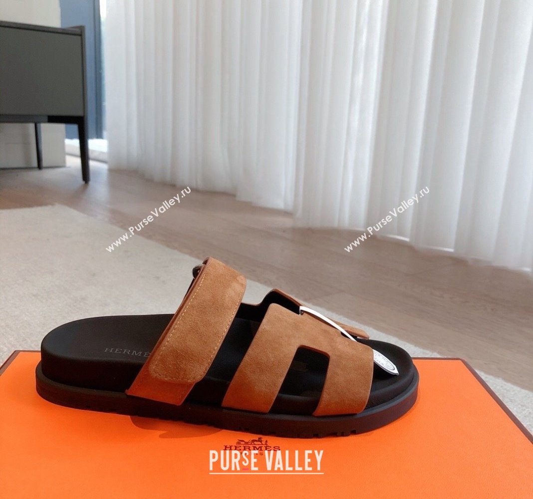 Hermes Chypre Flat Sandals in Suede Brown 2024 042504 (XC-240425151)