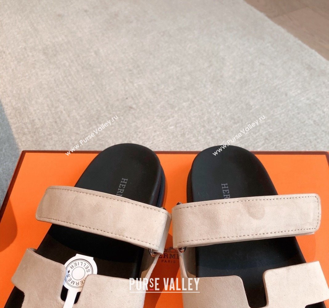 Hermes Chypre Flat Sandals in Suede Powder Pink 2024 042506 (XC-240425153)