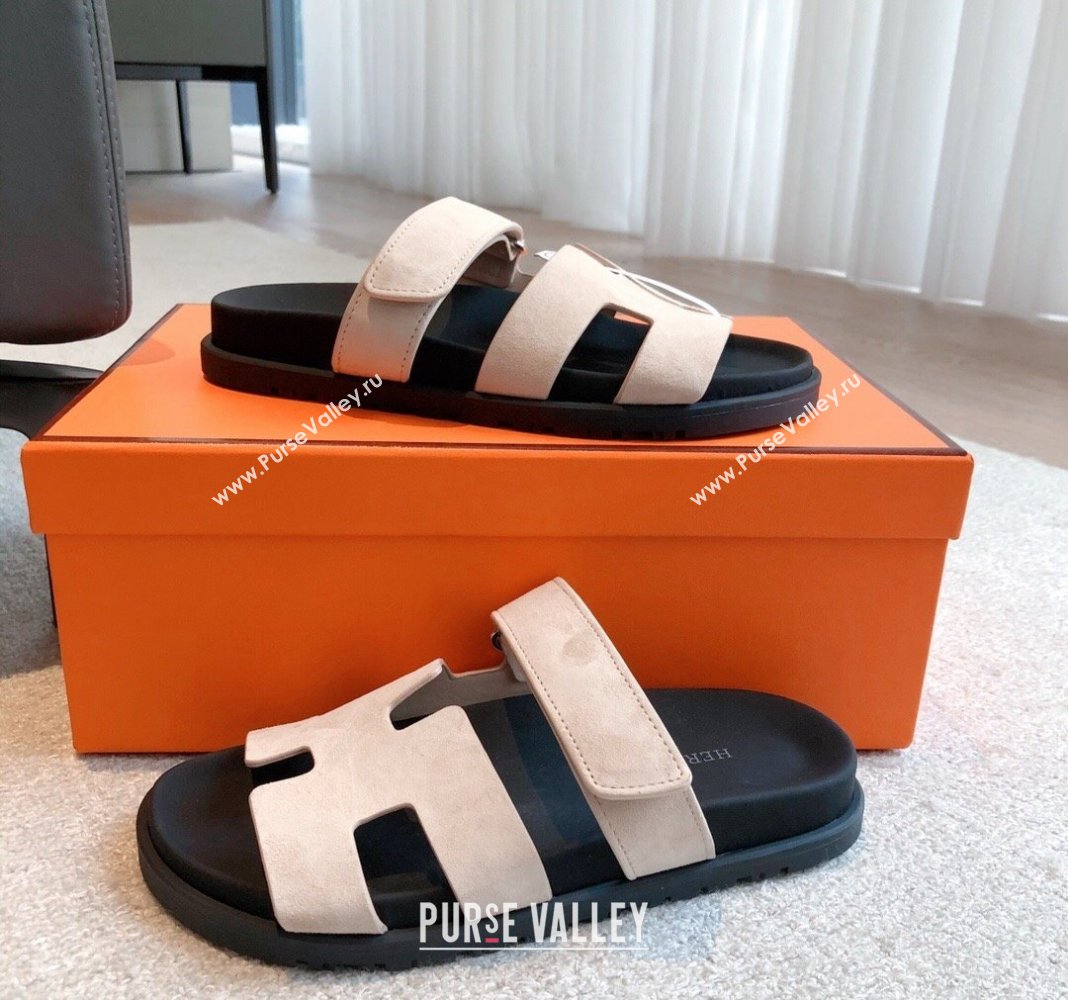 Hermes Chypre Flat Sandals in Suede Powder Pink 2024 042506 (XC-240425153)