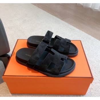 Hermes Chypre Flat Sandals in Suede Black 2024 042507 (XC-240425154)
