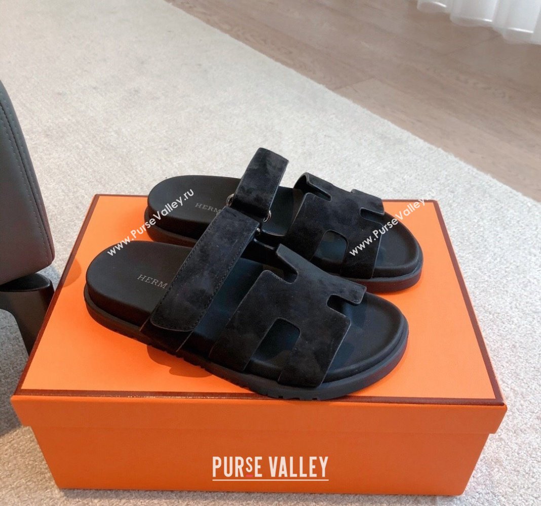 Hermes Chypre Flat Sandals in Suede Black 2024 042507 (XC-240425154)