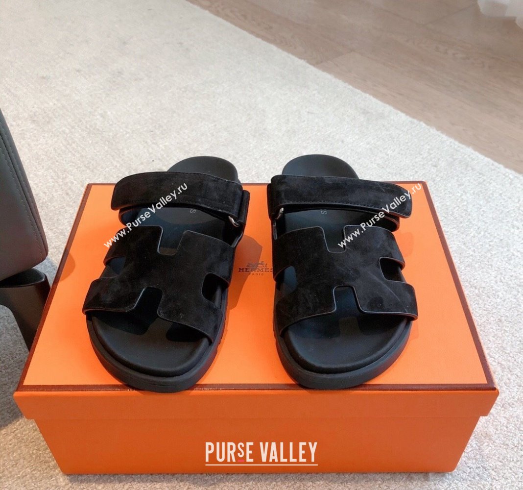 Hermes Chypre Flat Sandals in Suede Black 2024 042507 (XC-240425154)