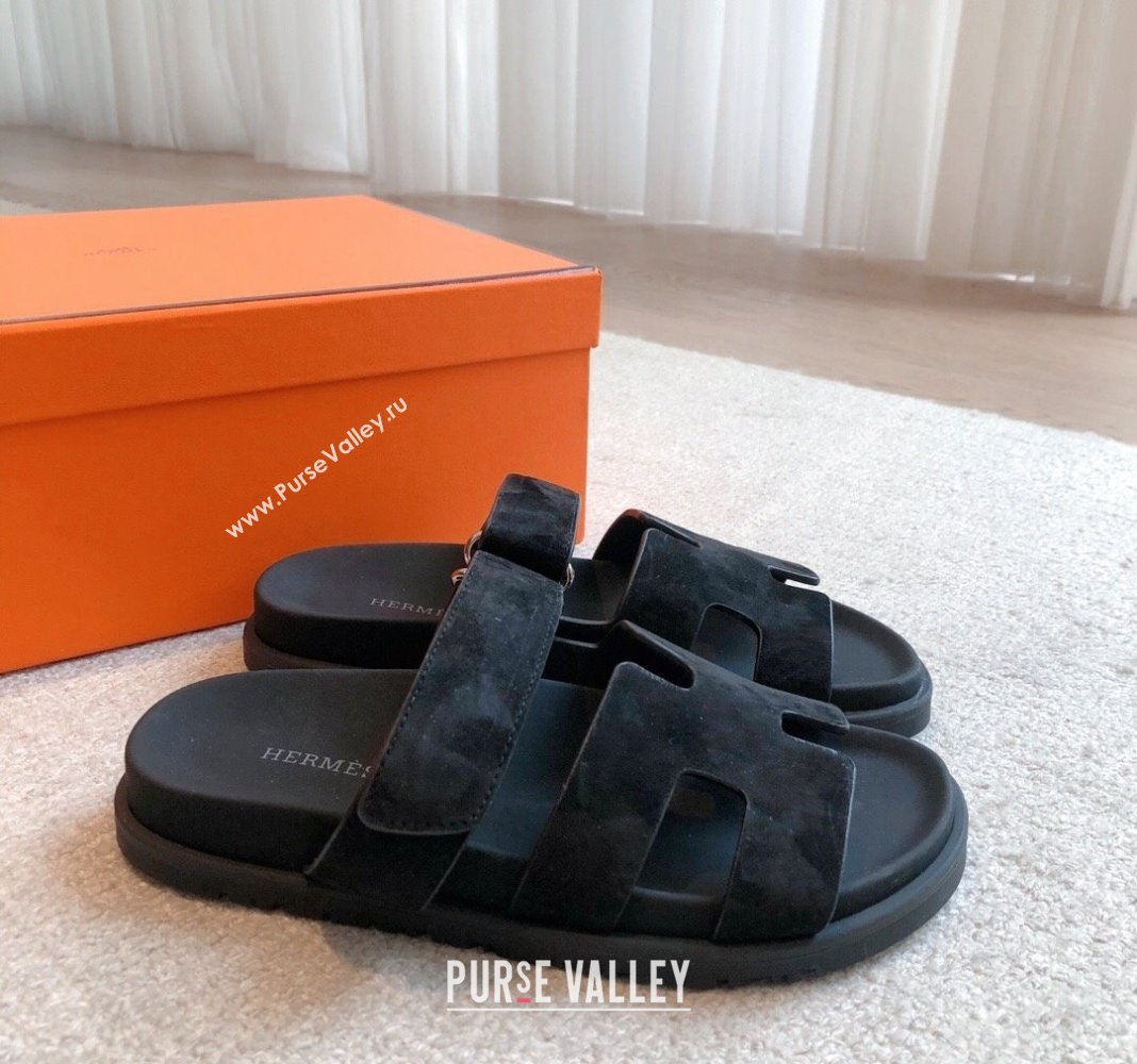 Hermes Chypre Flat Sandals in Suede Black 2024 042507 (XC-240425154)