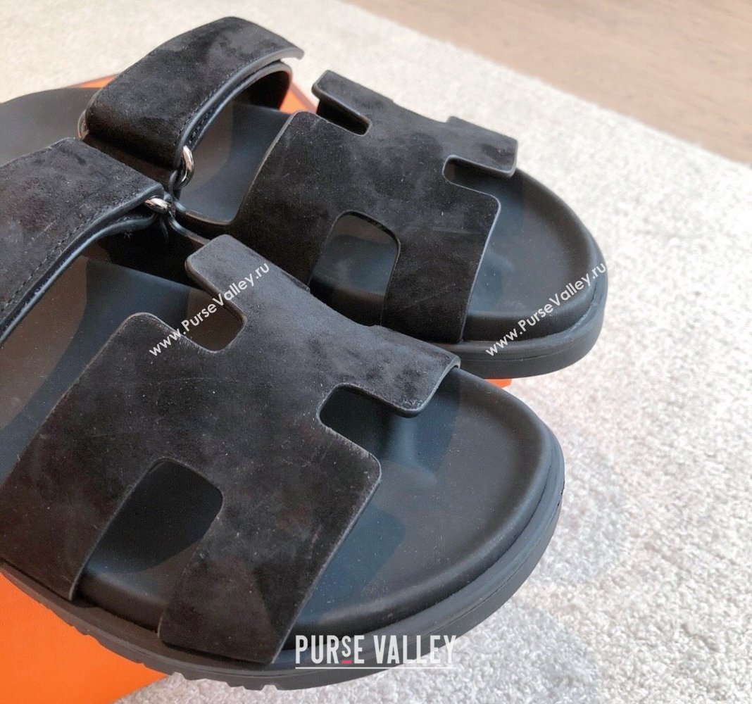 Hermes Chypre Flat Sandals in Suede Black 2024 042507 (XC-240425154)