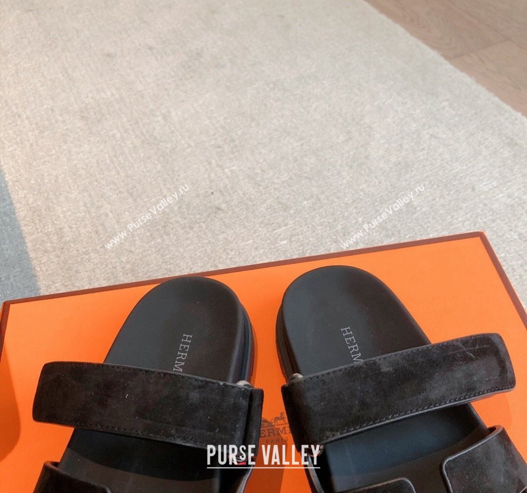 Hermes Chypre Flat Sandals in Suede Black 2024 042507 (XC-240425154)