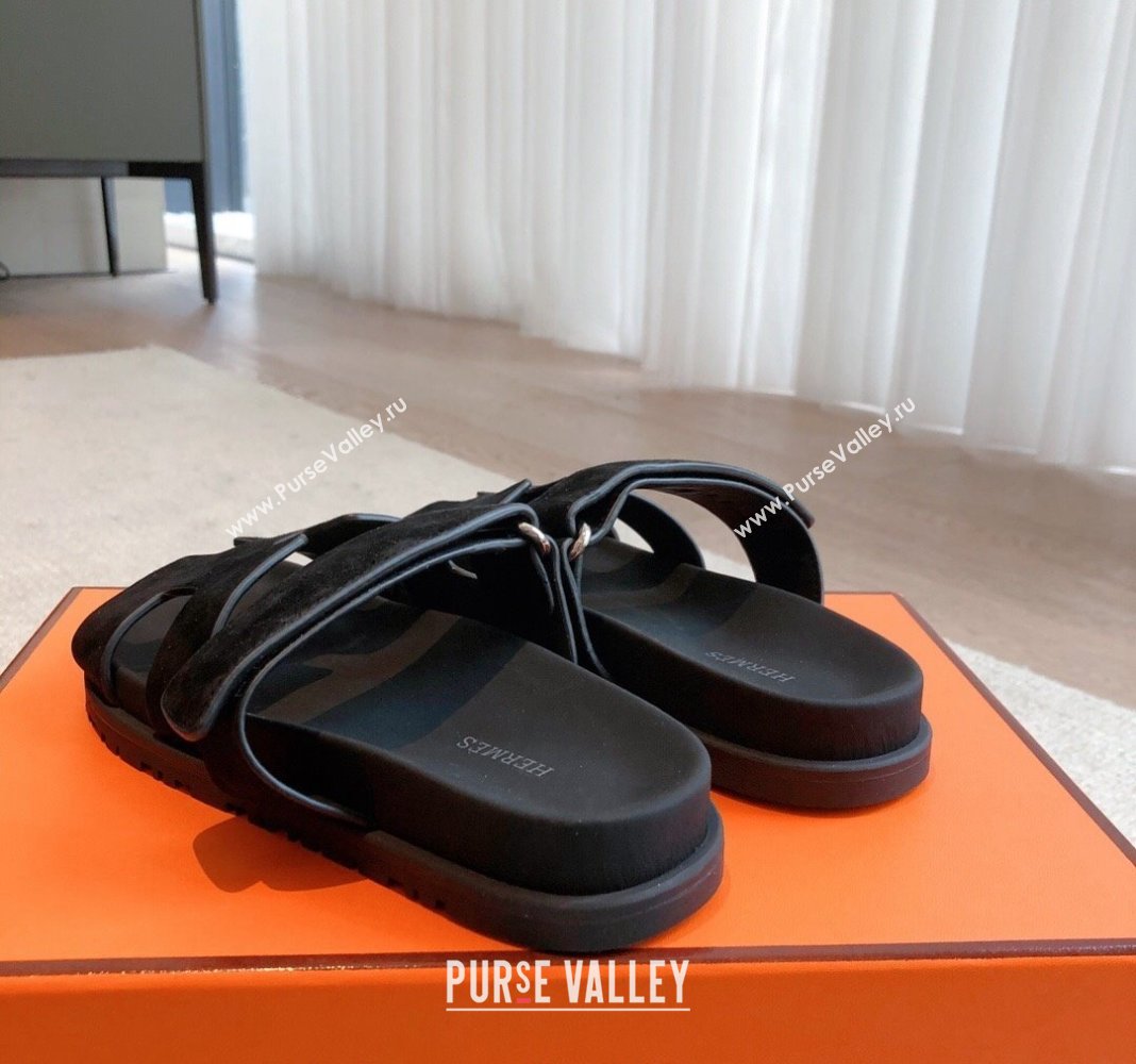 Hermes Chypre Flat Sandals in Suede Black 2024 042507 (XC-240425154)