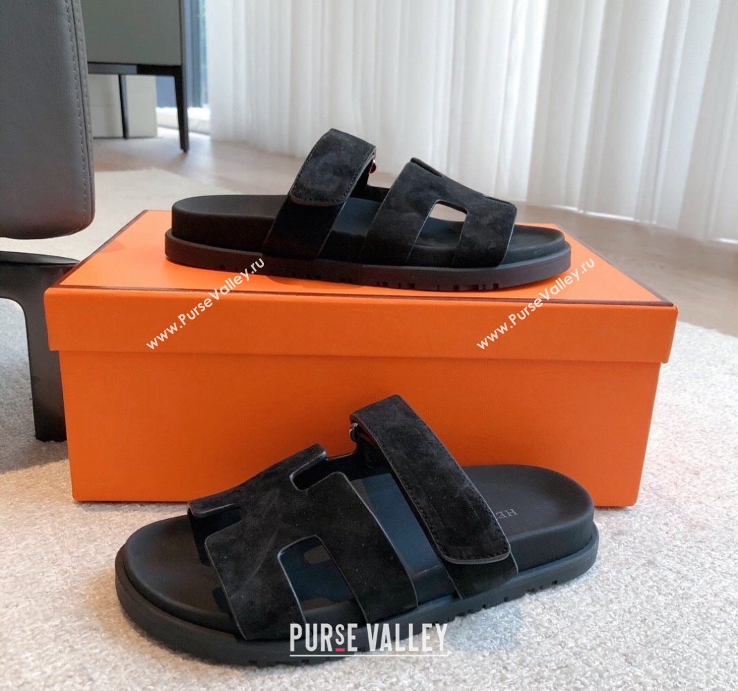 Hermes Chypre Flat Sandals in Suede Black 2024 042507 (XC-240425154)