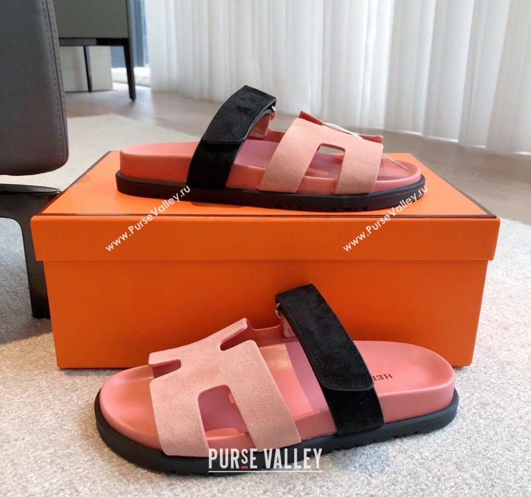 Hermes Chypre Flat Sandals in Suede Pink 2024 042508 (XC-240425155)