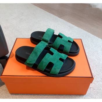 Hermes Chypre Flat Sandals in Suede Green 2024 042509 (XC-240425156)