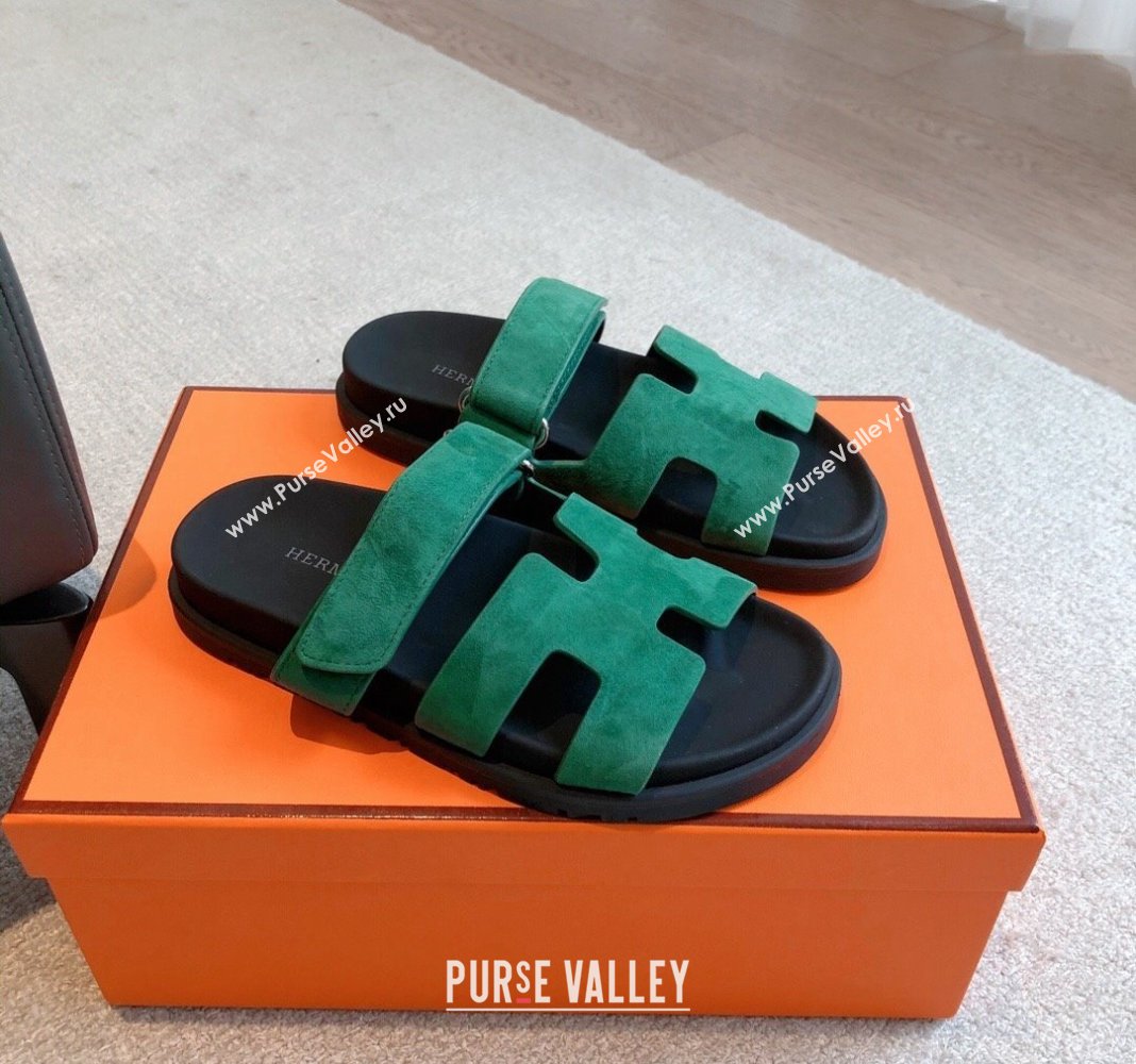 Hermes Chypre Flat Sandals in Suede Green 2024 042509 (XC-240425156)