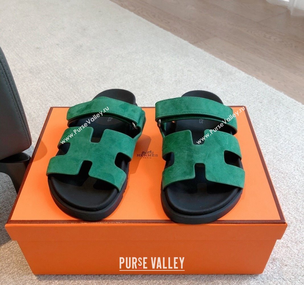 Hermes Chypre Flat Sandals in Suede Green 2024 042509 (XC-240425156)