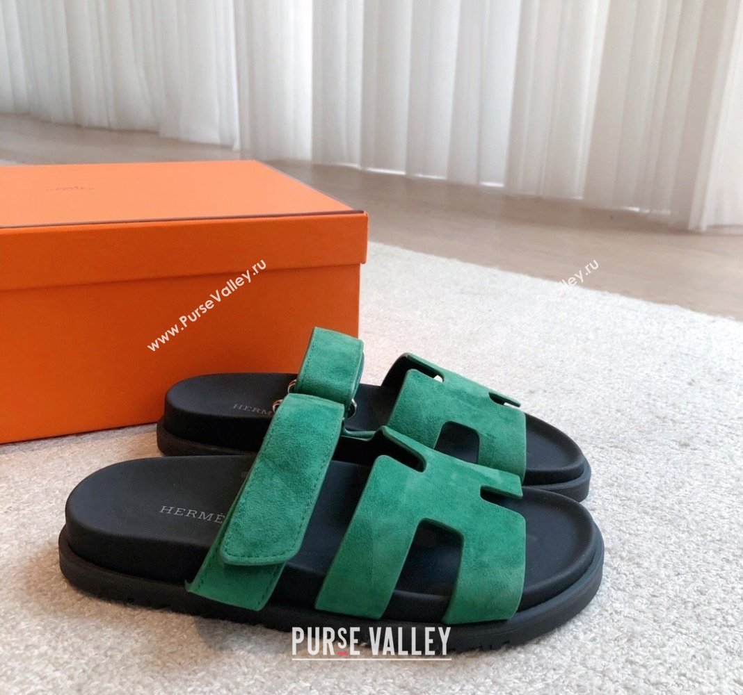 Hermes Chypre Flat Sandals in Suede Green 2024 042509 (XC-240425156)